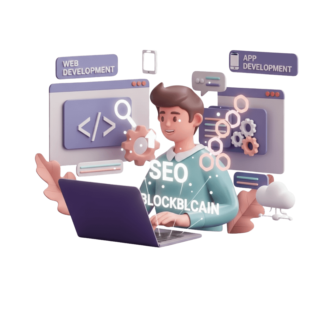 Person working on laptop with technology holograms